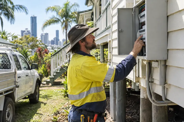 An electrician in a hi-vis shirt and wide-brimmed hat checking a switchboard on the side of a timber house