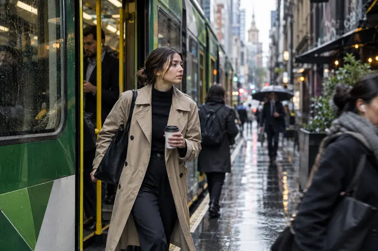 A commuter in a trench coat holding a coffee beside a green tram on a wet city street