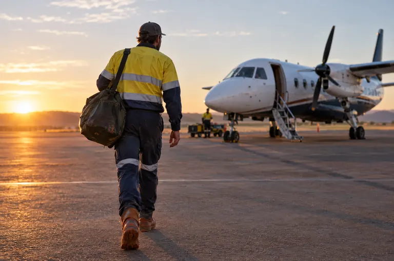 A worker in hi-vis with a duffel bag walking across an airstrip towards a small plane at sunrise