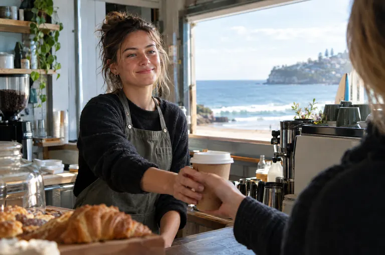 A barista handing a takeaway coffee across the counter of a beachside café