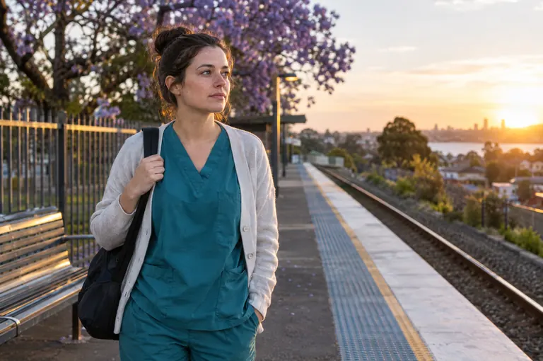 A nurse in teal scrubs and a cardigan on a suburban train platform at sunset, under jacaranda blossom