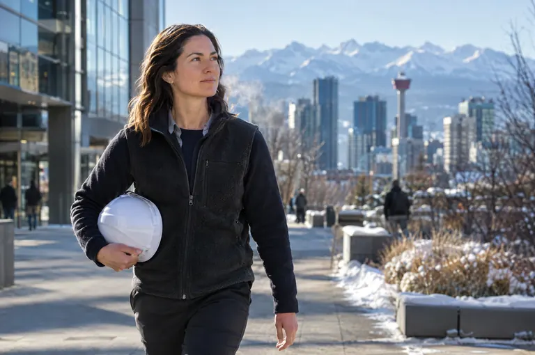A woman carrying a white hard hat along a downtown sidewalk on a sunny winter day, with snow-capped mountains behind
