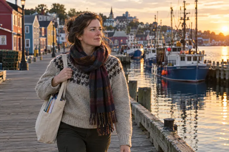 A woman in a wool sweater and scarf carrying a tote bag of books along a harbour boardwalk at sunset