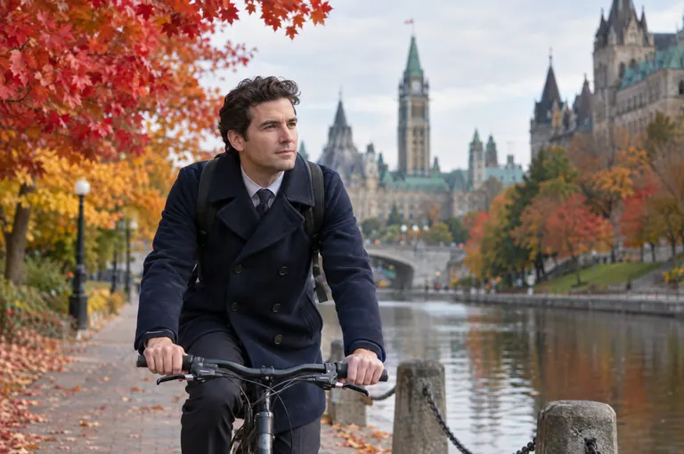 A man in a navy coat and tie cycling along a canal path in autumn, with Gothic Revival buildings behind