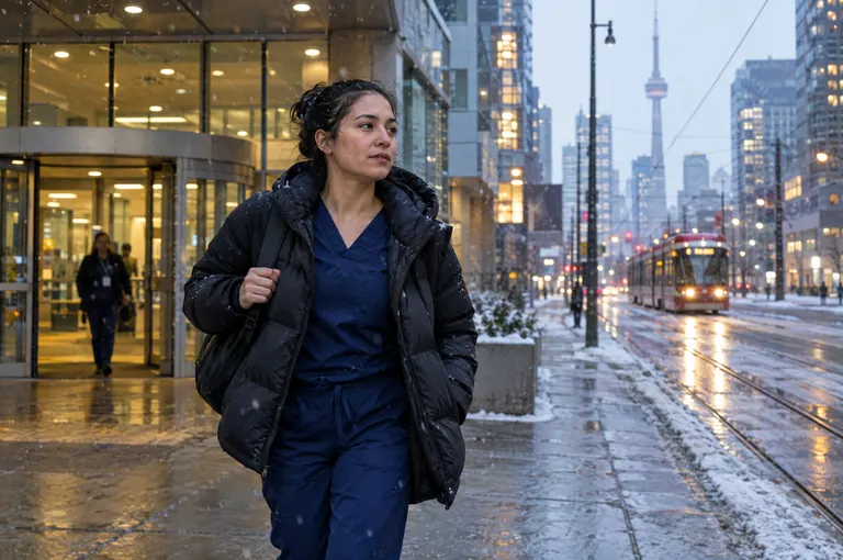 A nurse in navy scrubs and a winter coat walking along a snowy downtown street, with a streetcar behind her