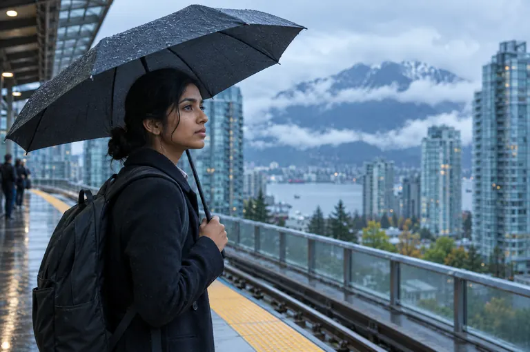 A woman with an umbrella and a backpack waiting on a rainy elevated train platform, with mountains across the water
