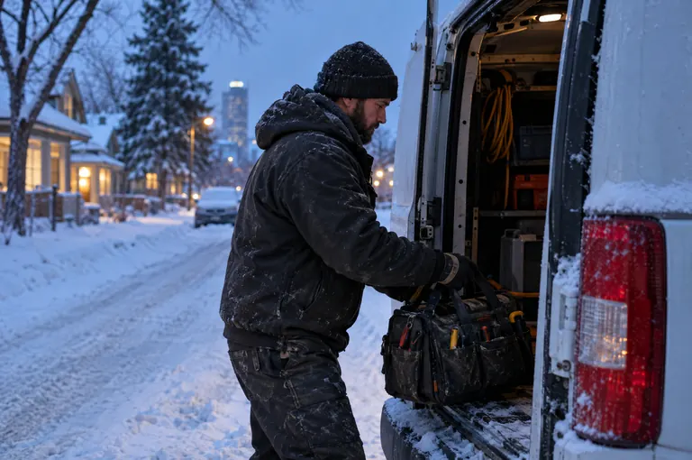 An electrician lifting a tool bag from the back of a work van on a snowy residential street at dusk