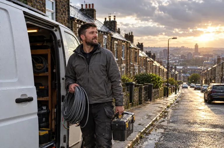 An electrician beside a van on a terraced street after rain
