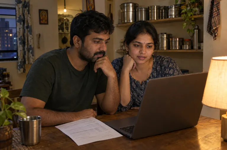 A couple going through paperwork on a laptop at their kitchen table