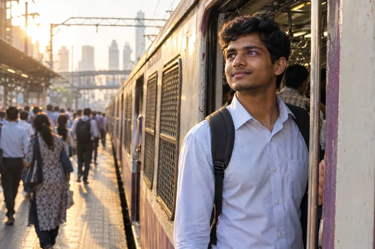 A young man with a backpack at the door of a local train at sunrise
