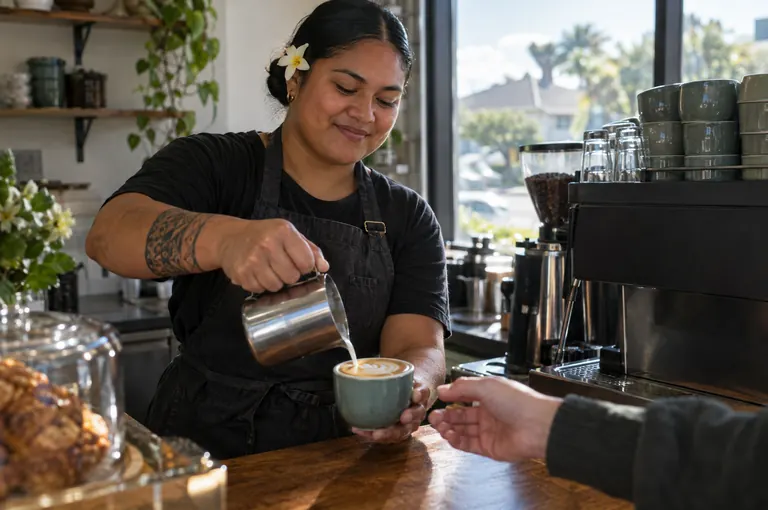 A barista pouring a latte in a café and handing it across the counter