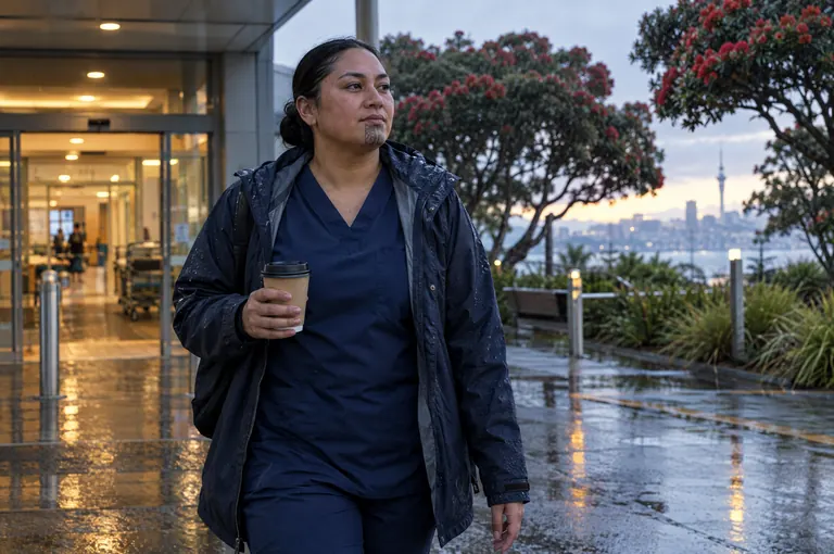 A nurse in scrubs and a rain jacket holding a coffee outside a hospital at dusk