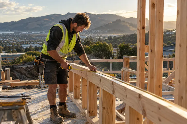 A builder in a hi-vis vest measuring timber framing on a house site at sunset