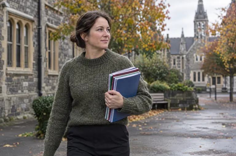 A teacher carrying a stack of folders across a stone school courtyard in autumn