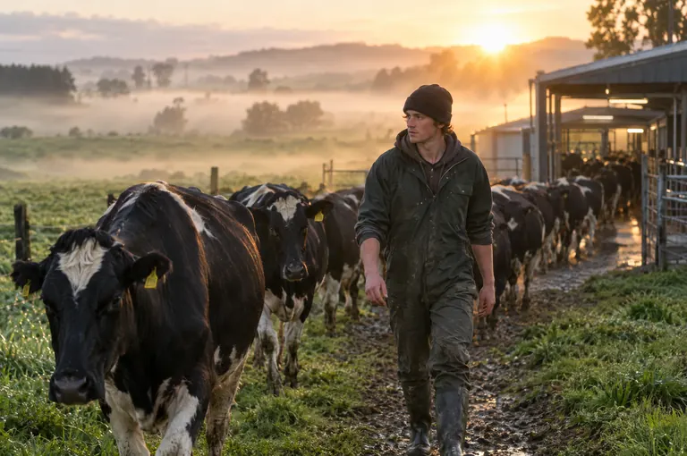 A farm worker walking a herd of dairy cows along a muddy lane at sunrise