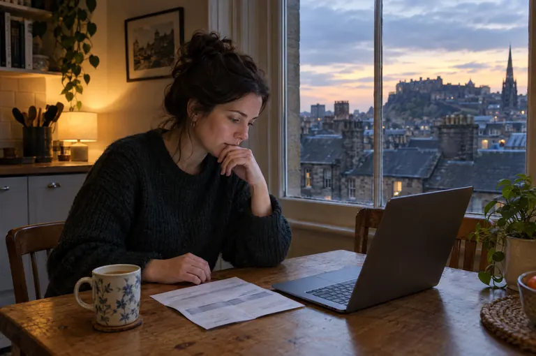 A woman checking a payslip and laptop at a kitchen table in the evening